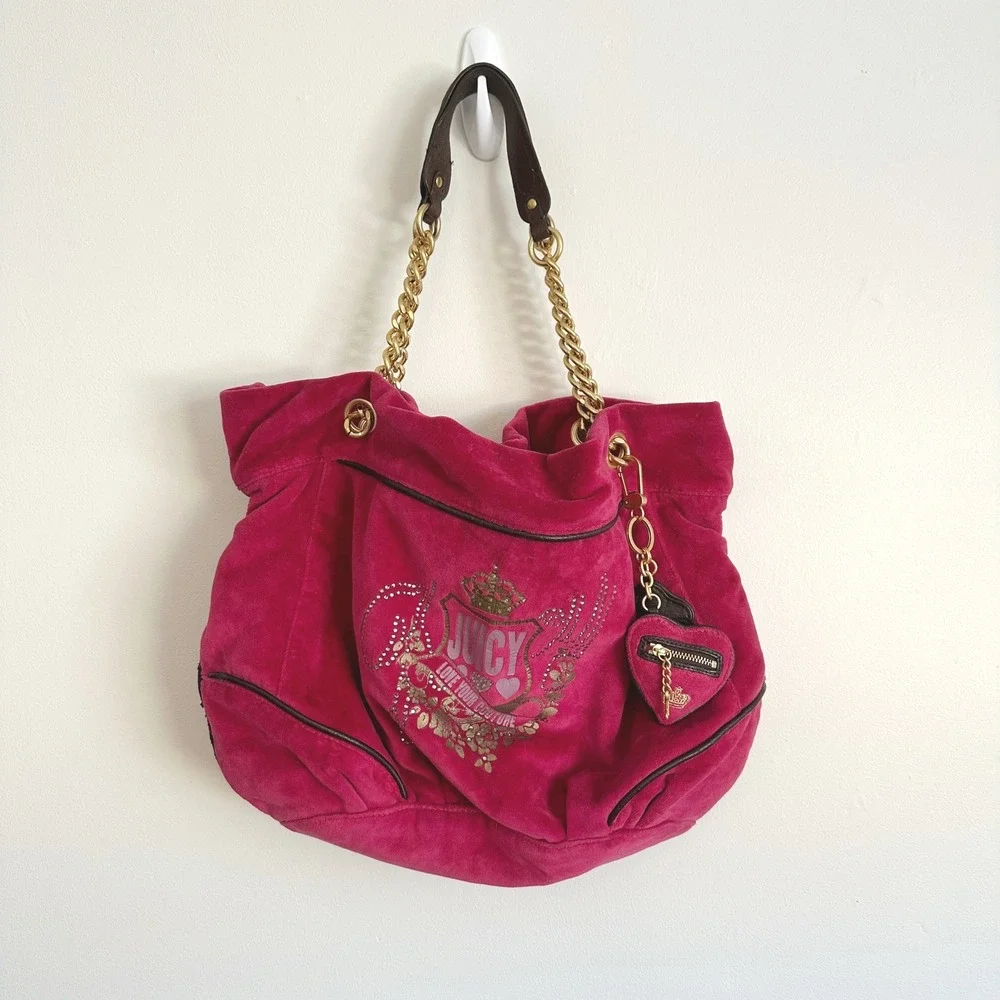 VTG Juicy Couture Pink/Gold Velour Daydreamer Shoulder Bag Y2K 2010 Crest Charm